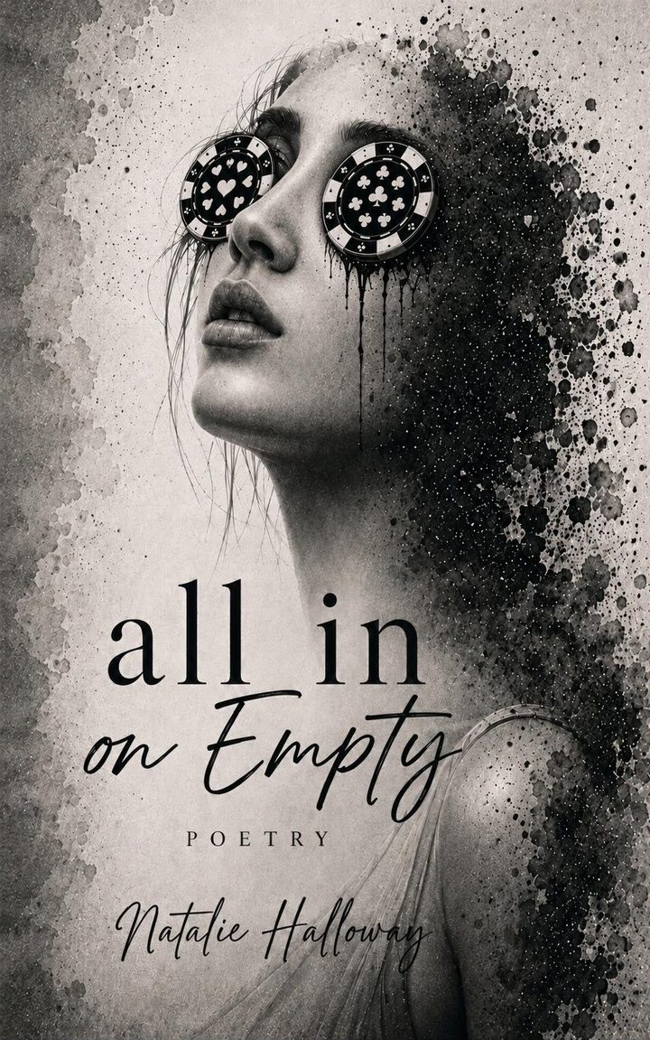 Front cover of All In on Empty: a grayscale portrait of a woman gazing upward, poker chips over her eyes, her hair dissolving into ink spatter