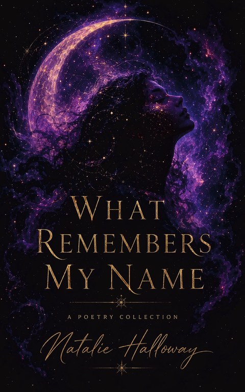 Front cover of What Remembers My Name: a woman&rsquo;s profile turned upward, dissolving into a violet nebula beneath a gold crescent moon