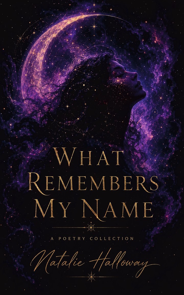 Front cover of What Remembers My Name: a woman&rsquo;s profile turned upward, dissolving into a violet nebula beneath a gold crescent moon